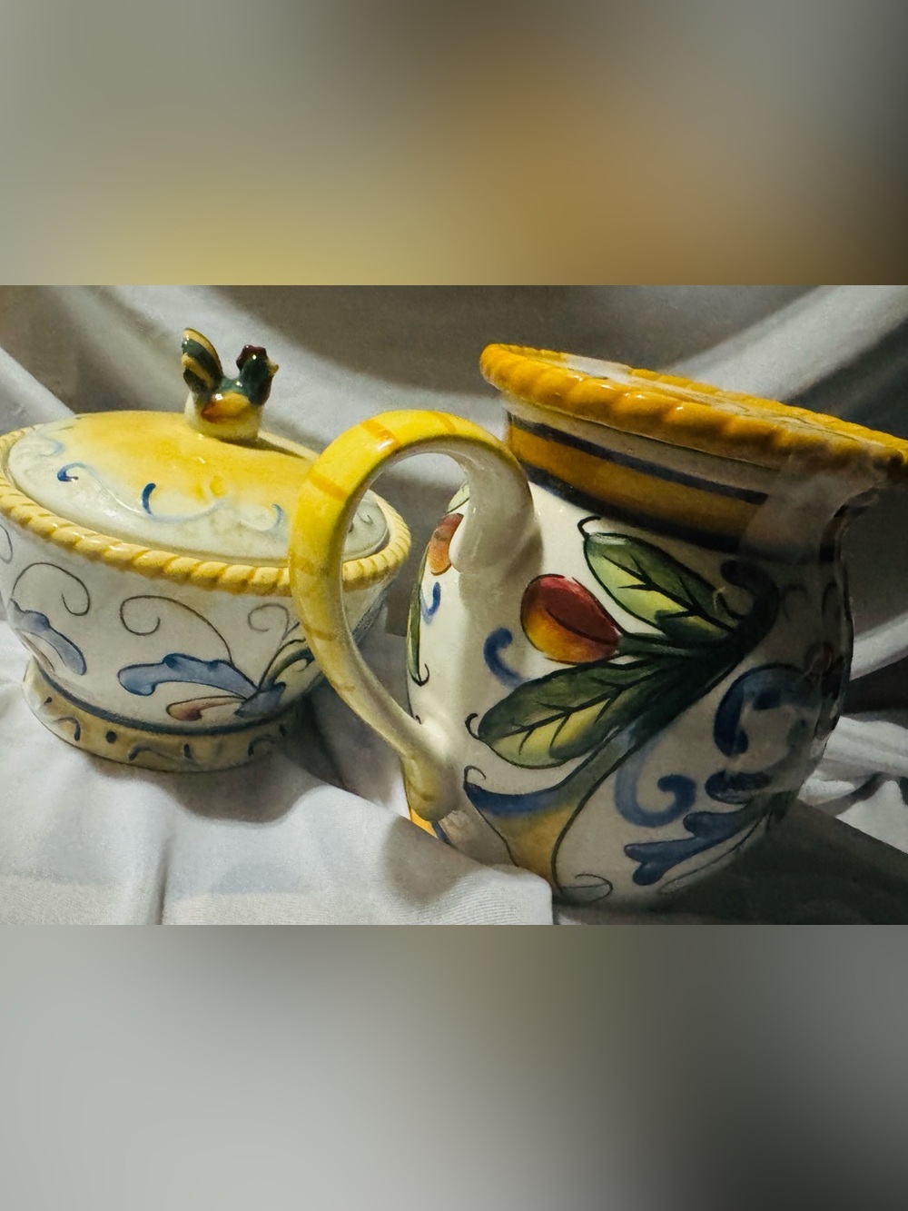 FITZ & FLOYD Hand-Painted Ceramic Creamer w/Lid & Sugar Bowl w/lid